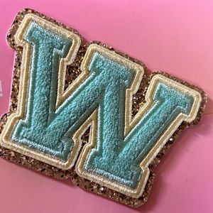 Stoney Clover Lane green terry cloth, yellow & gold initial W letter patch